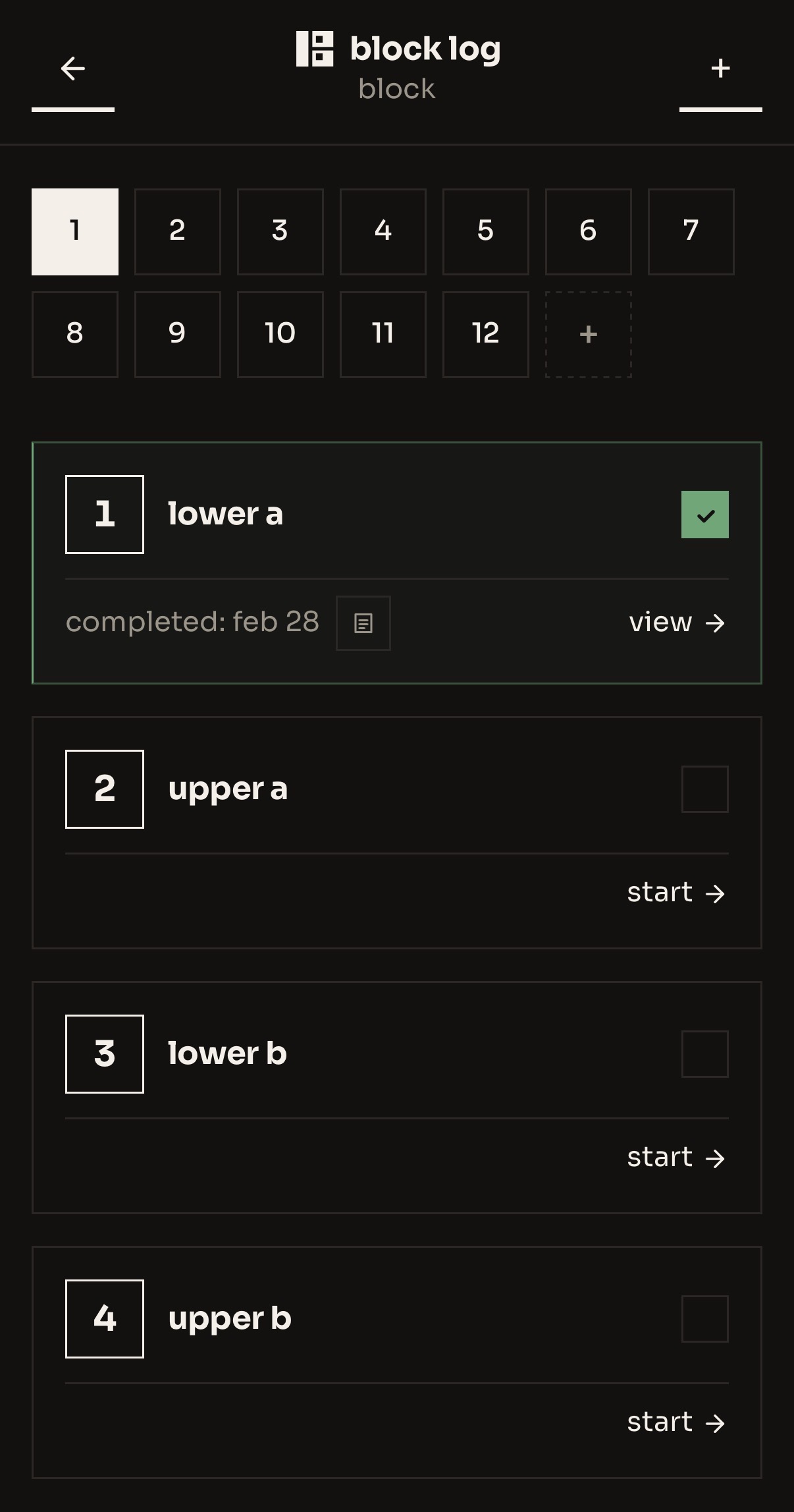 block log week view with 12-week grid and workout cards
