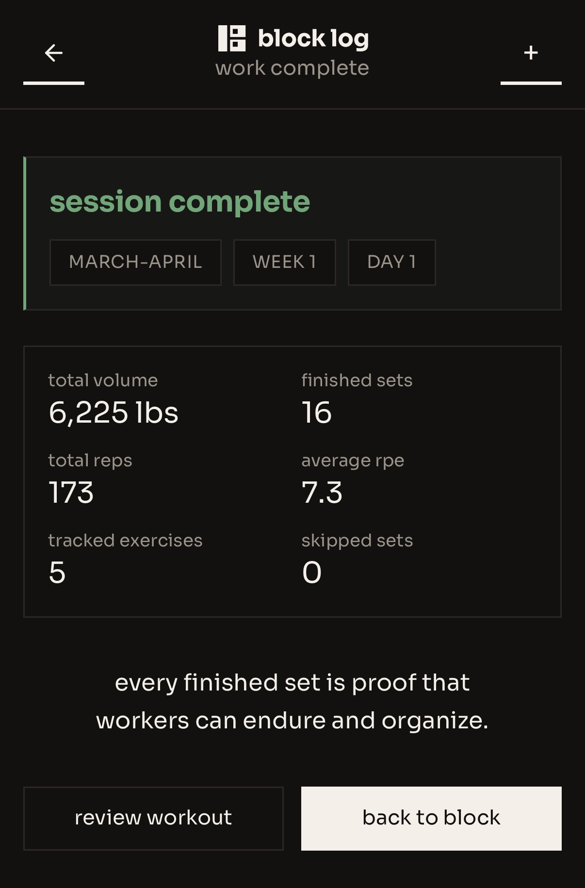 block log session complete summary with volume stats