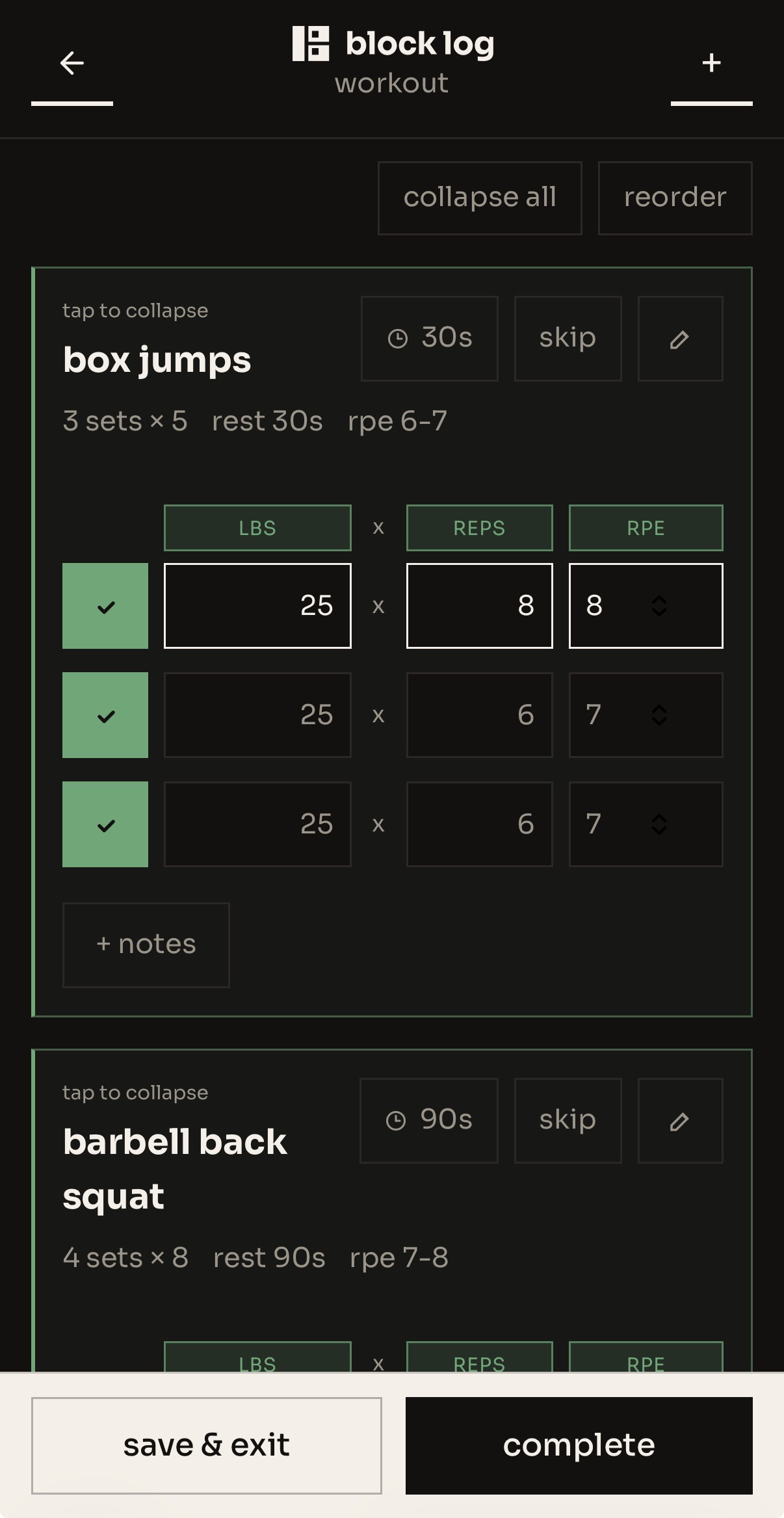 block log workout logging with sets, reps, and RPE tracking