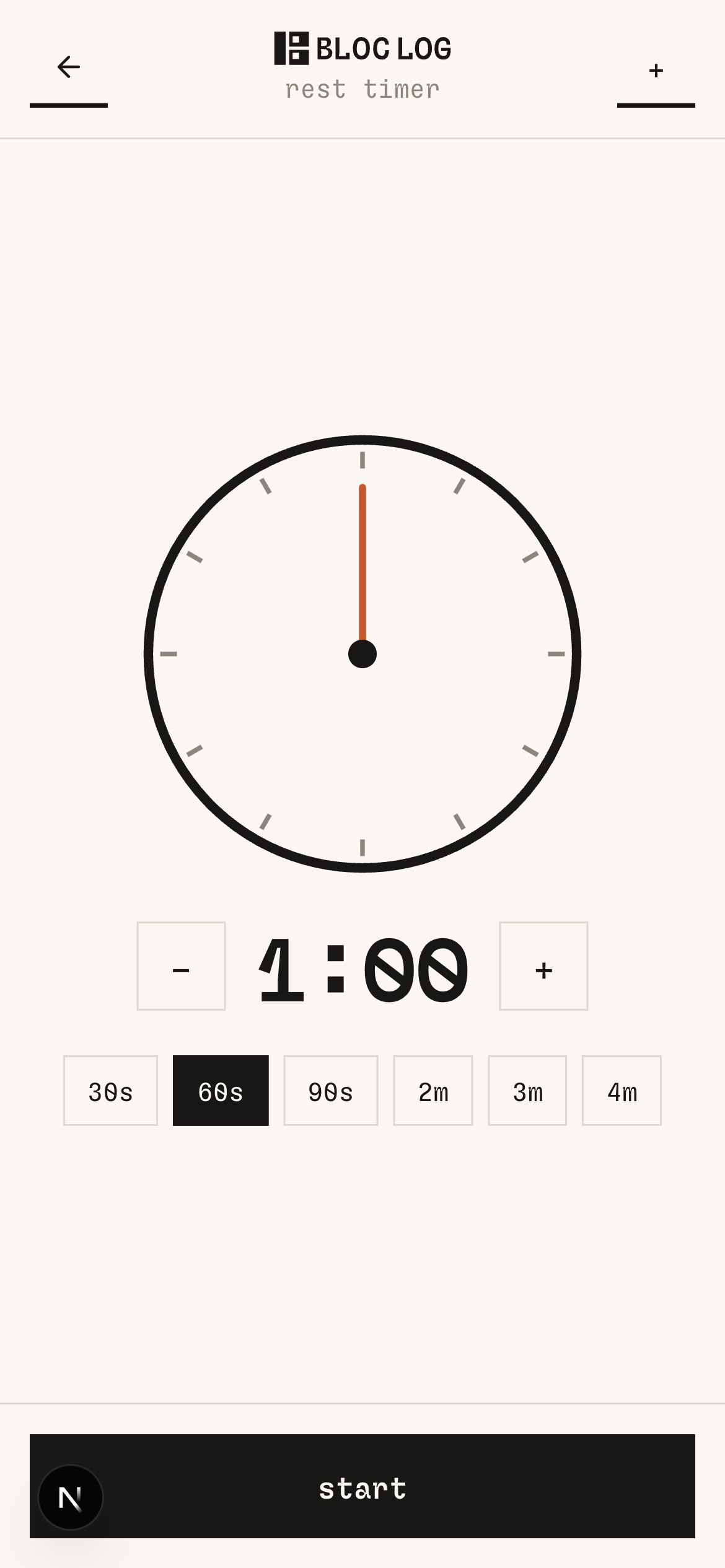 bloc log rest timer with analog clock face