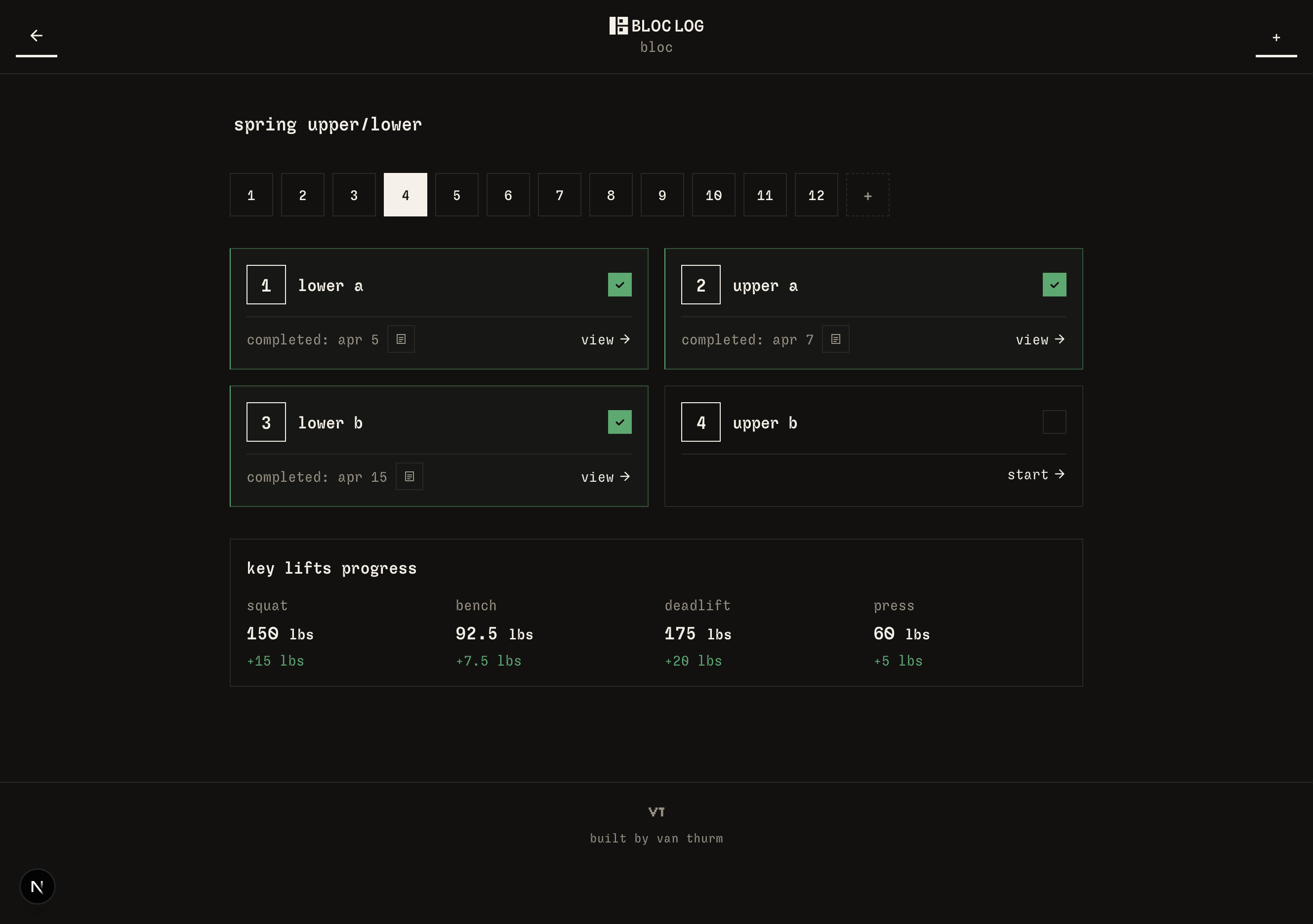 bloc log bloc view on tablet, 12-week grid