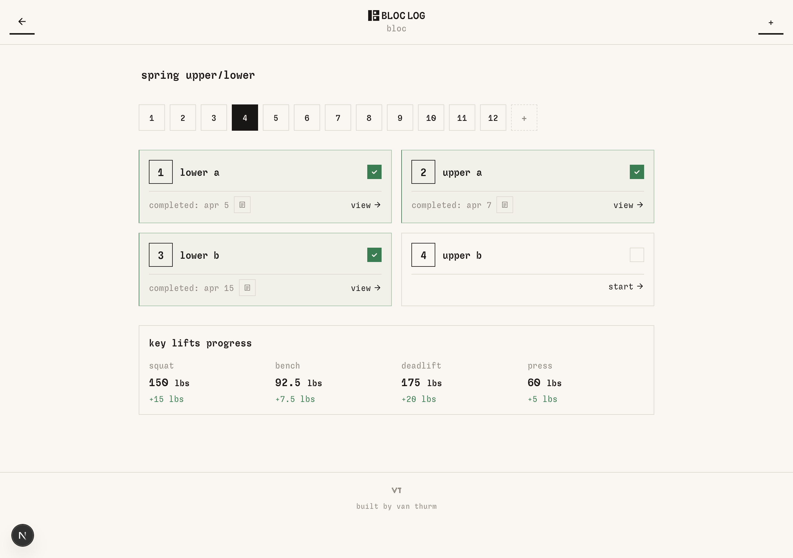 bloc log bloc view on tablet, 12-week grid