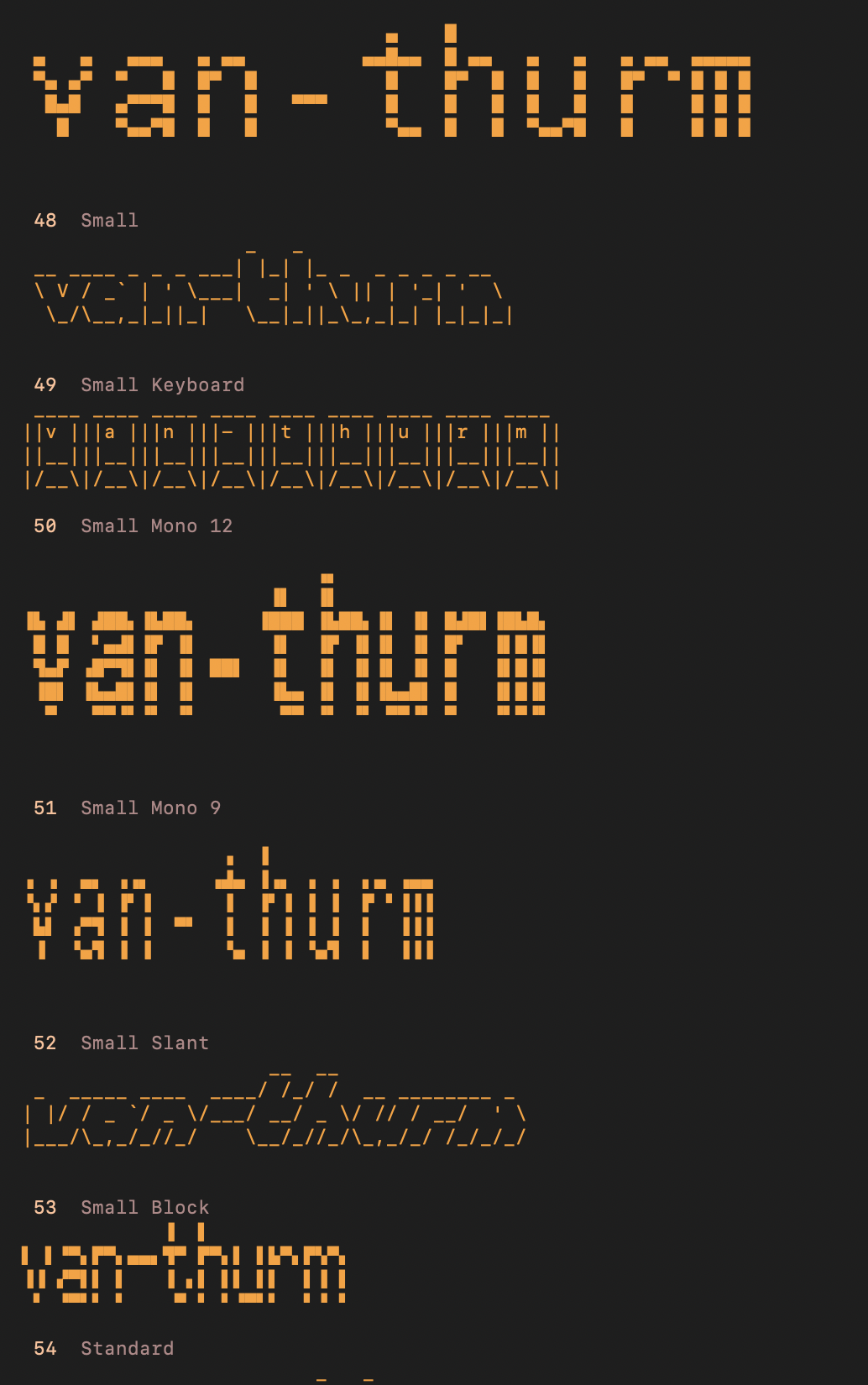 clarissa font browser previewing ASCII fonts in the active palette color