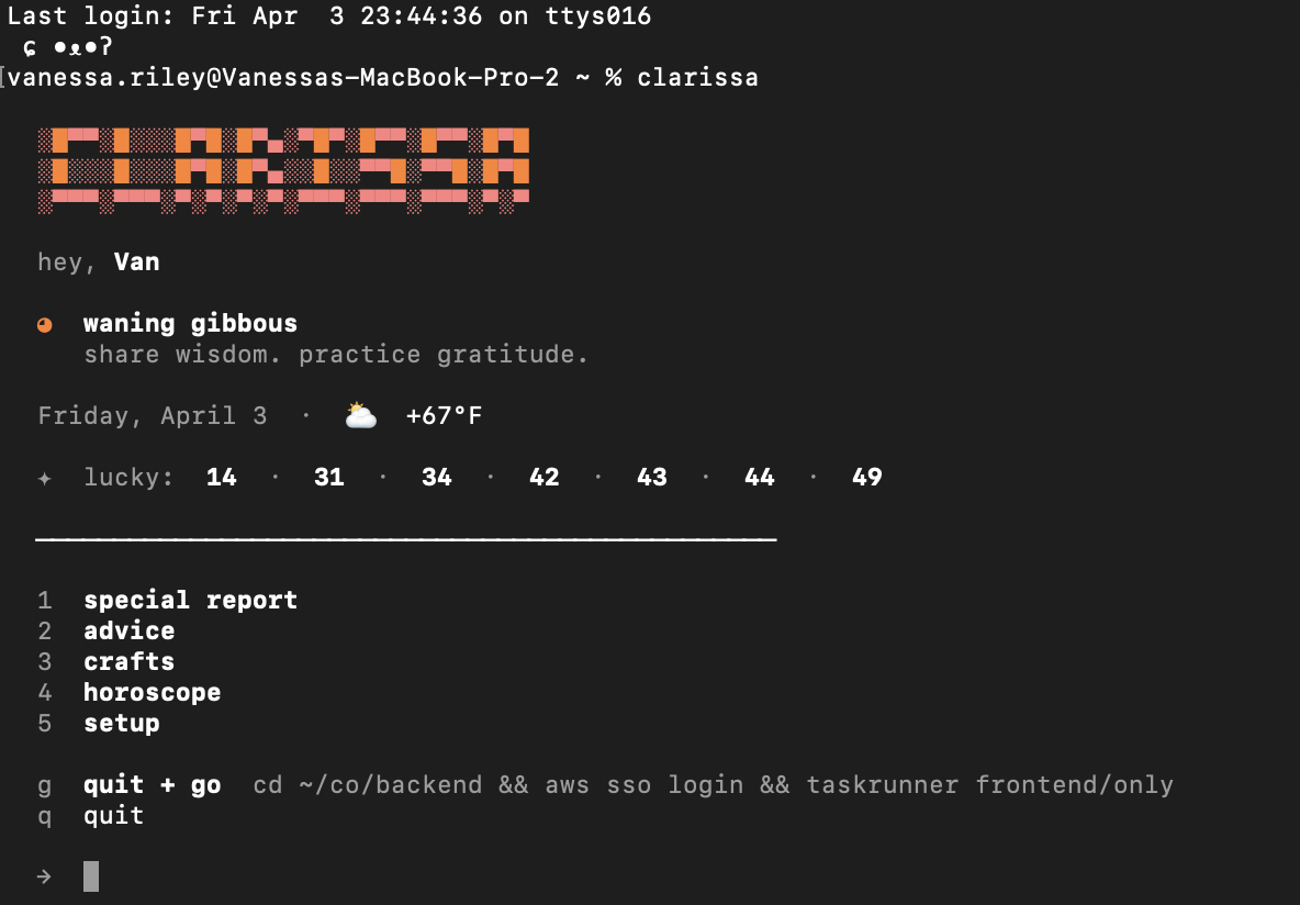 clarissa home screen with ASCII header, weather, moon phase, and menu