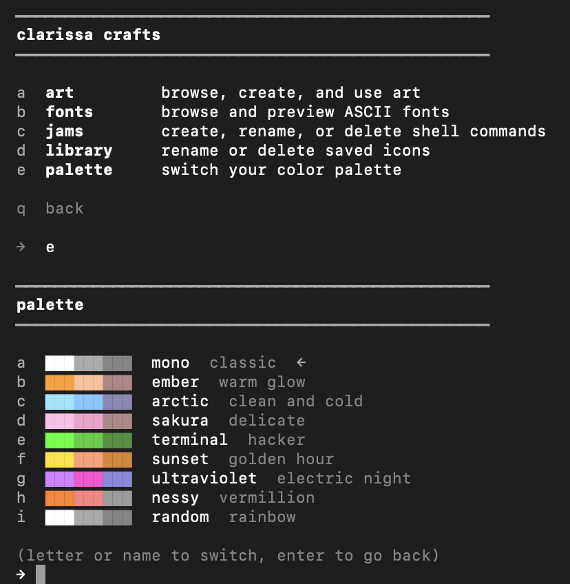 clarissa crafts menu and palette picker with color swatches