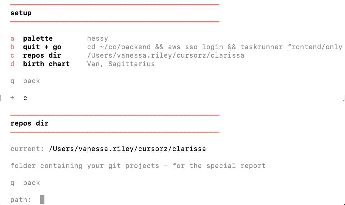 clarissa setup menu for palette, quit+go, repos, and birth chart