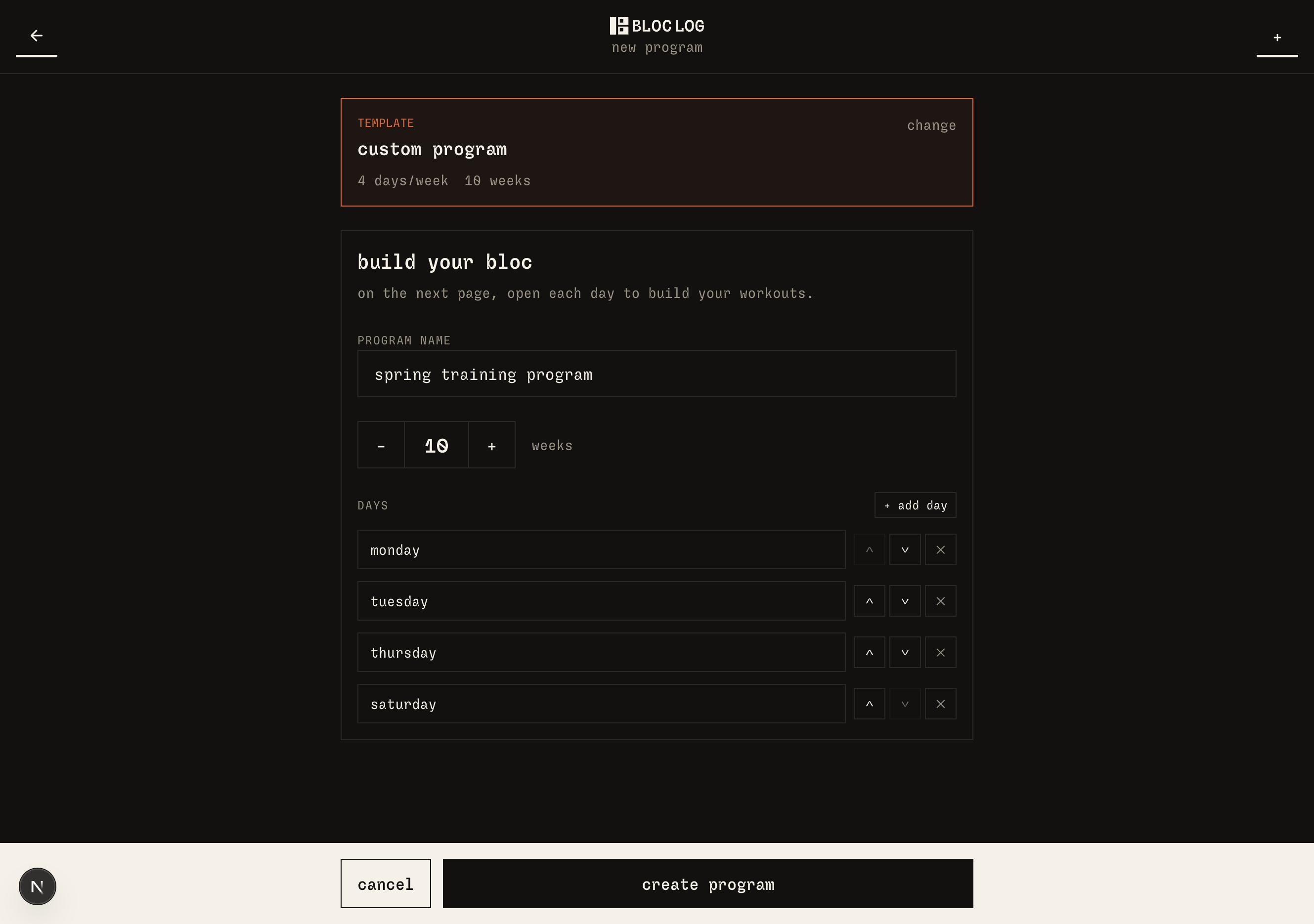 bloc log custom program with exercises filled in