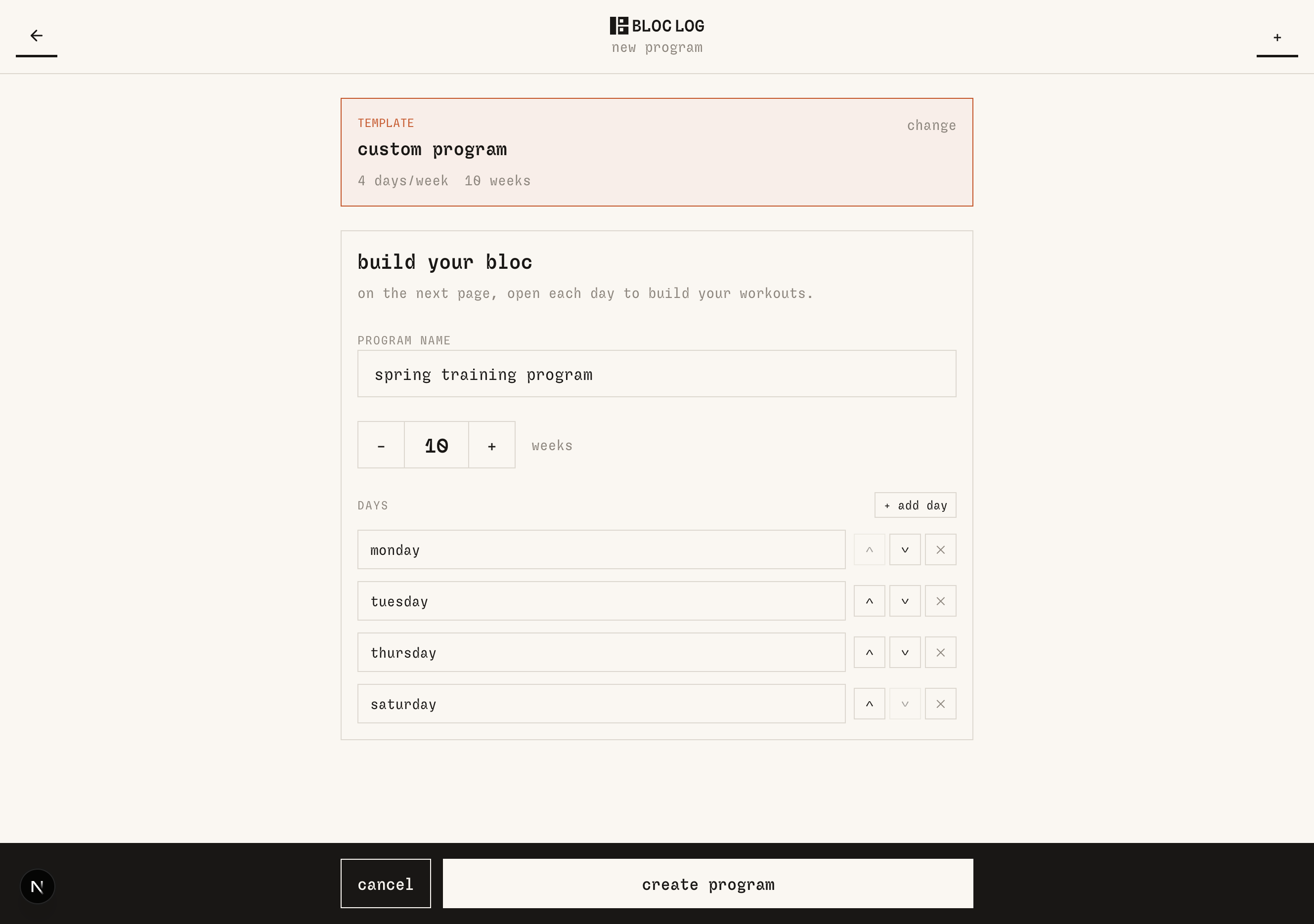 bloc log custom program with exercises filled in