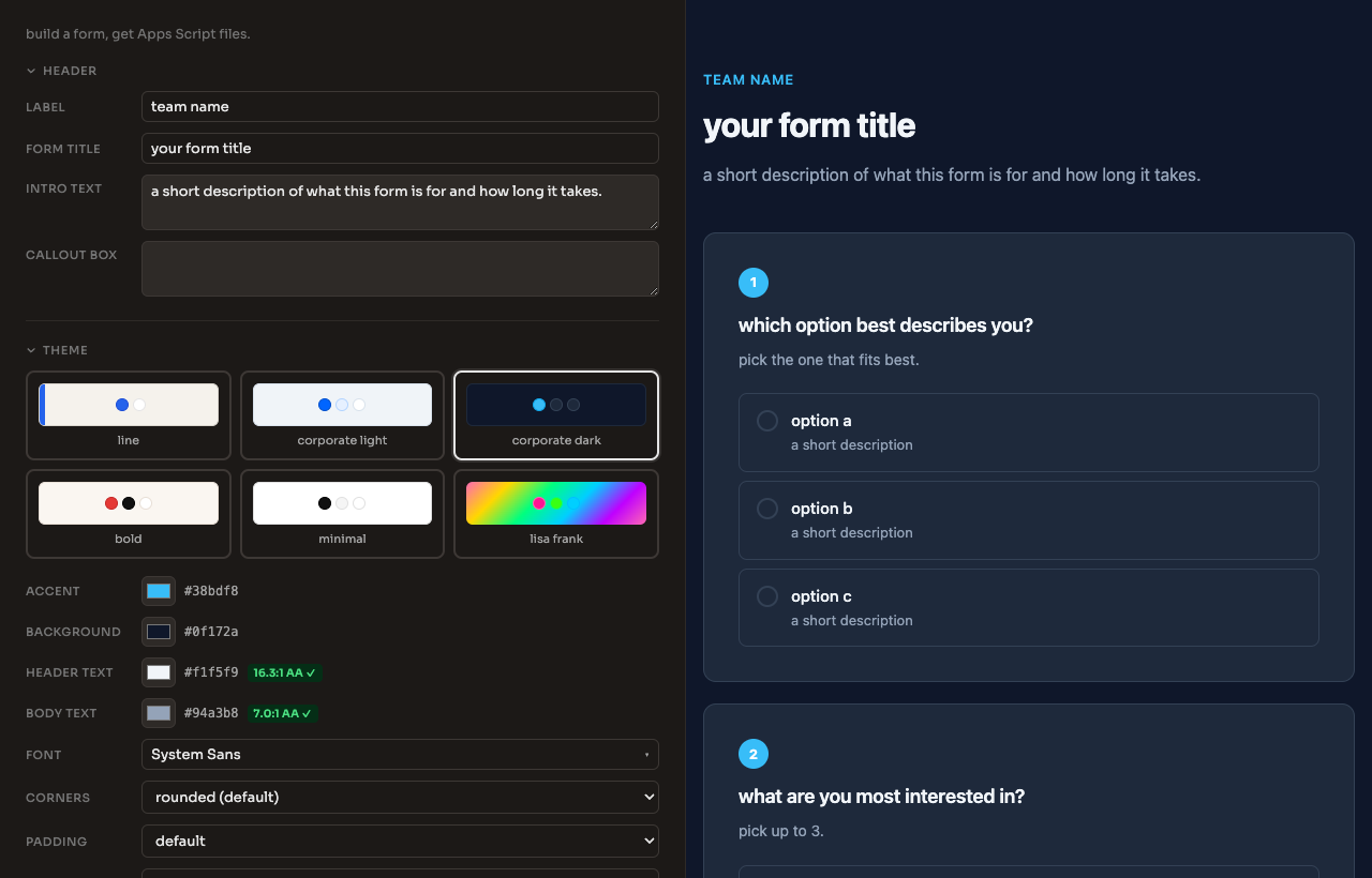 form-form split-pane form builder with live preview in dark mode