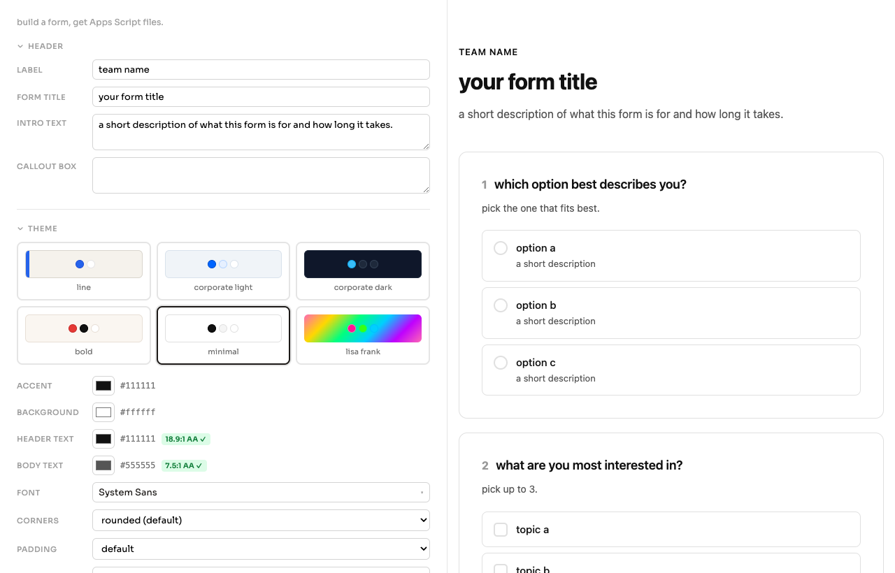 form-form split-pane form builder with live preview
