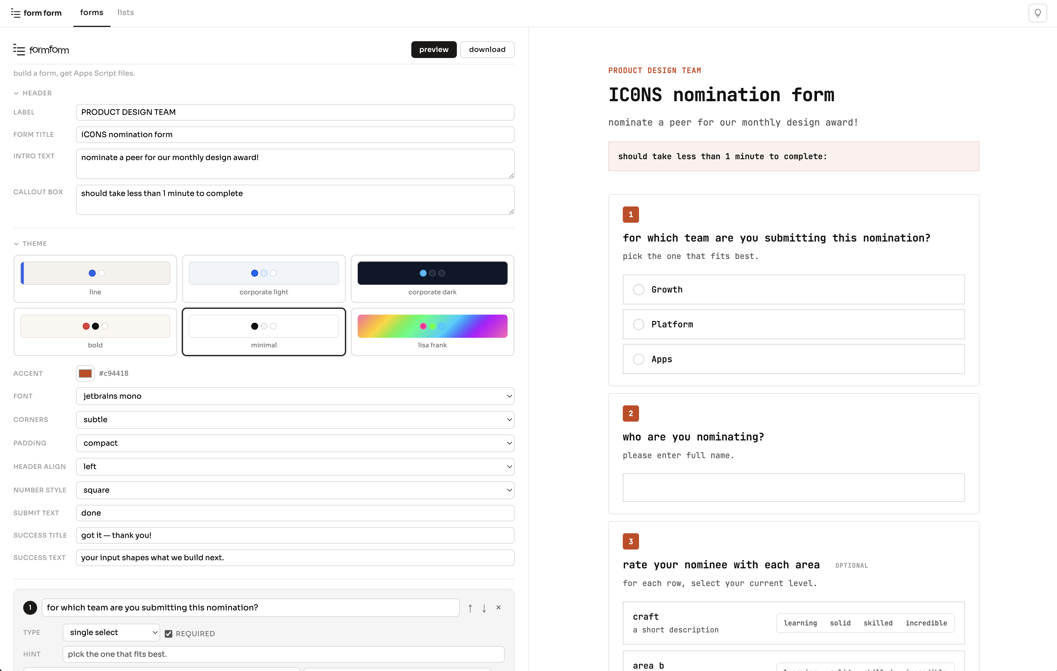 form-form split-pane form builder with live preview