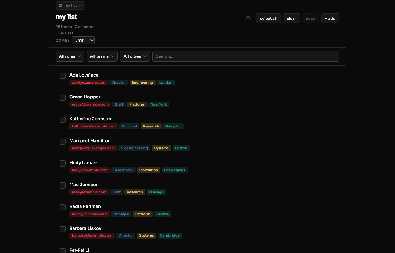 form-form list manager with custom fields and filtering in dark mode