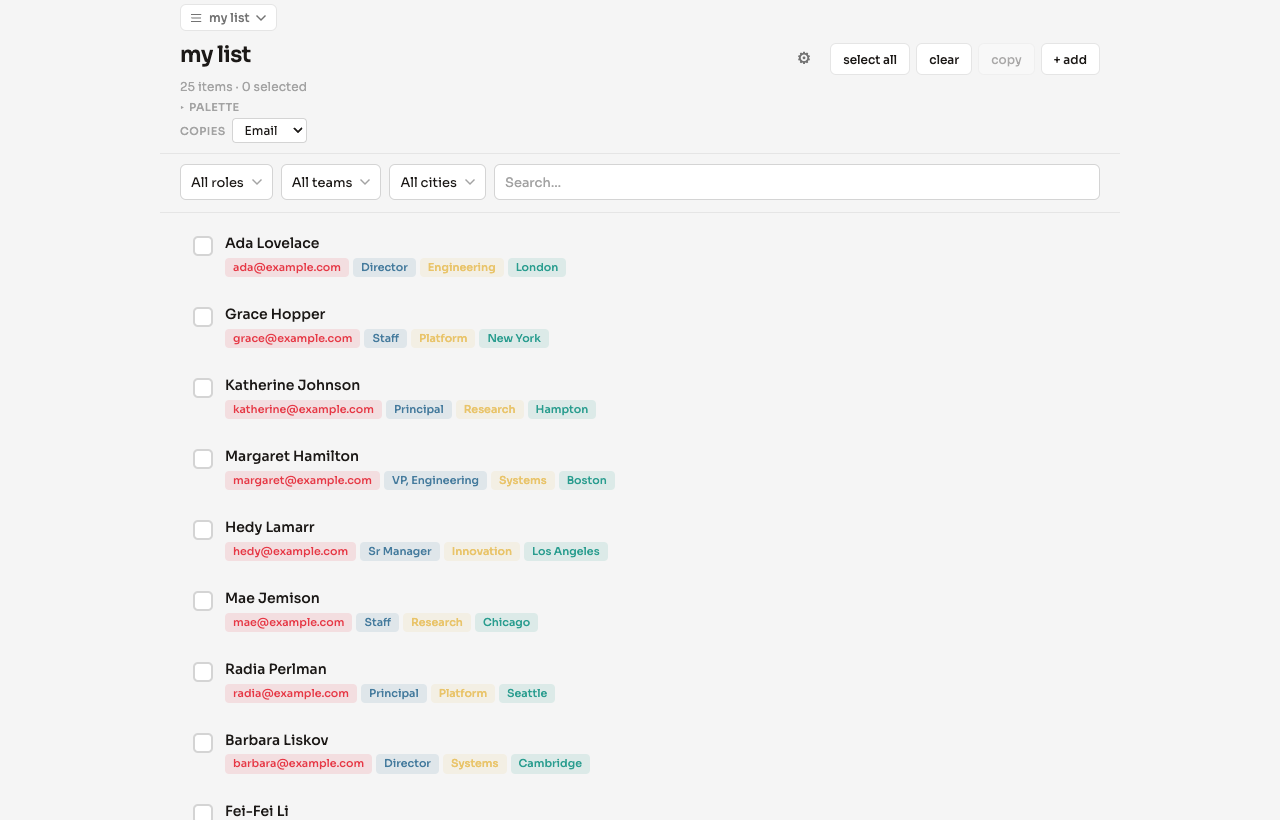 form-form list manager with custom fields and filtering