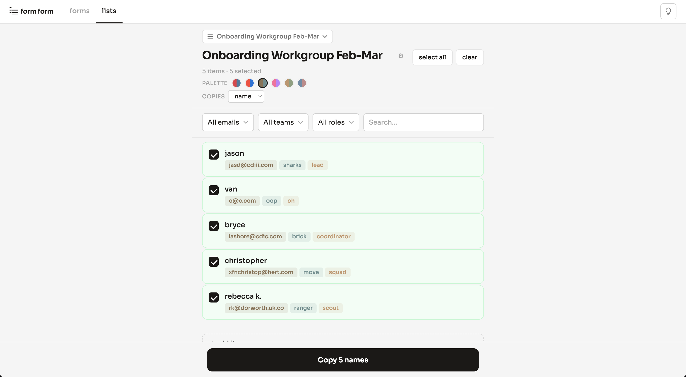 form-form list manager with custom fields and filtering