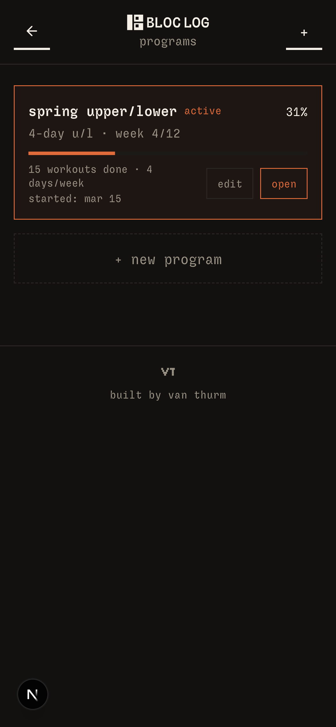 bloc log program detail with exercise list