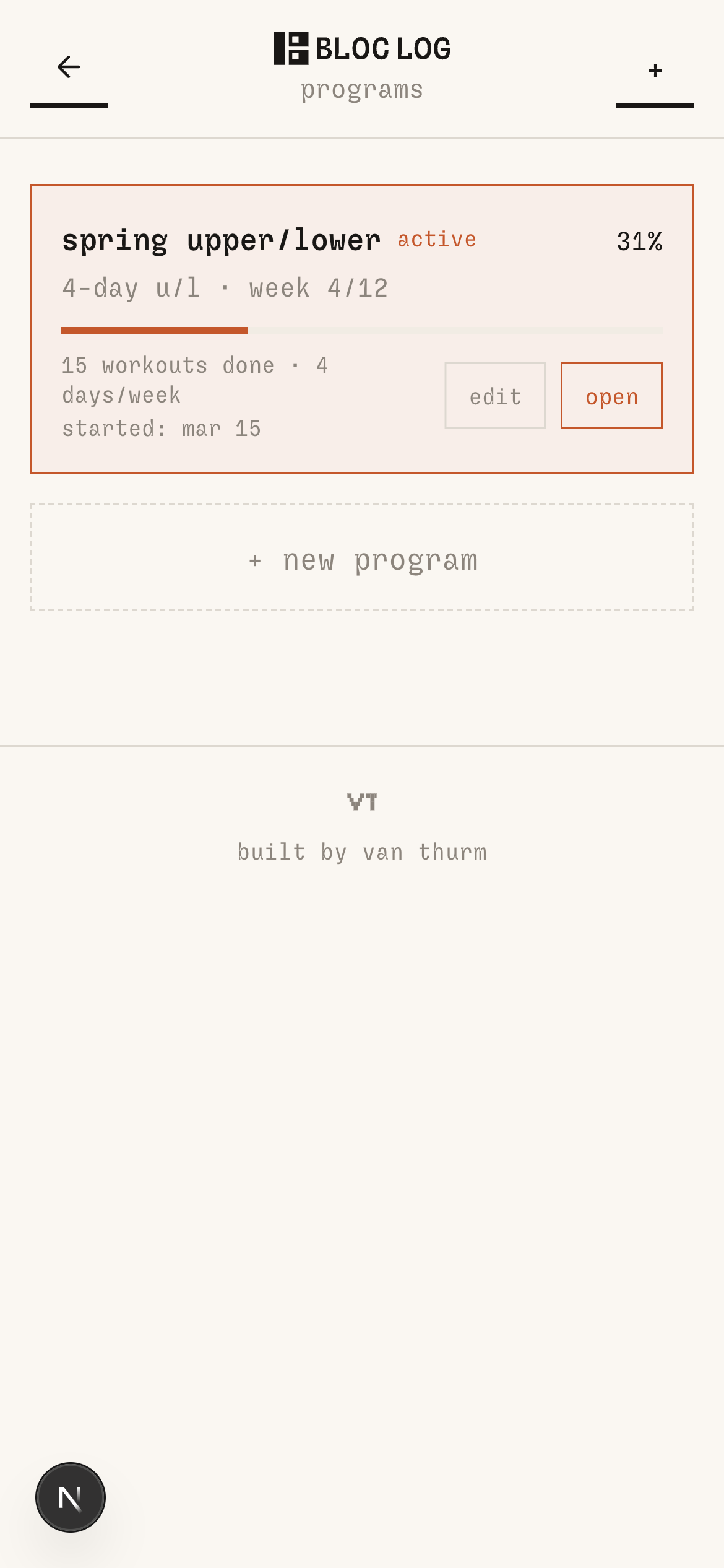 bloc log program detail with exercise list