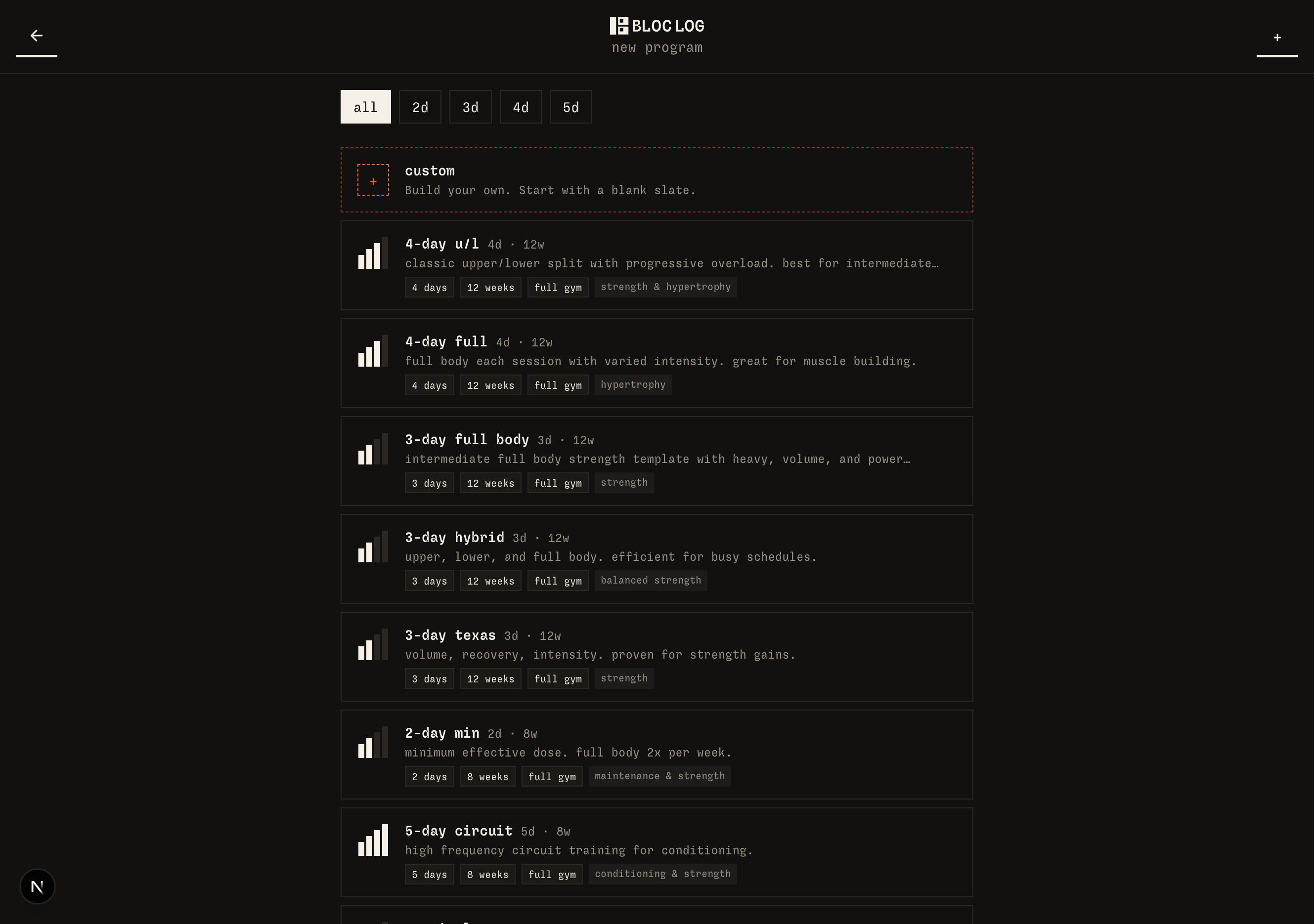 bloc log programs list on tablet