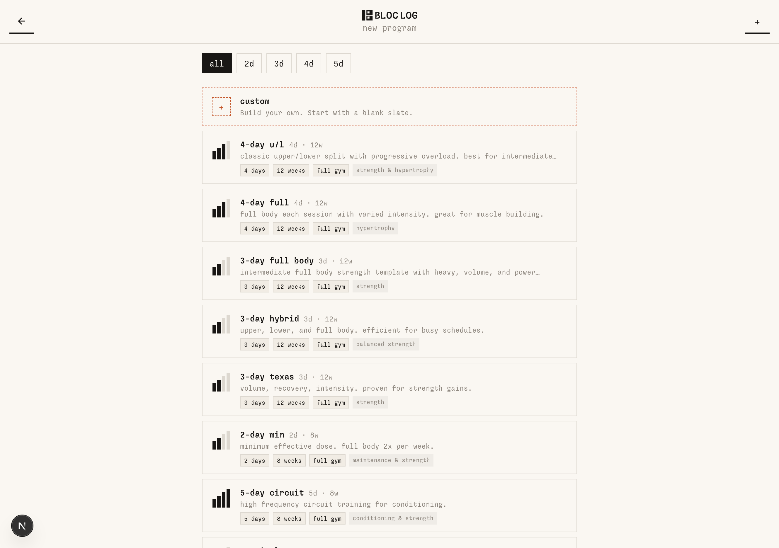 bloc log programs list on tablet