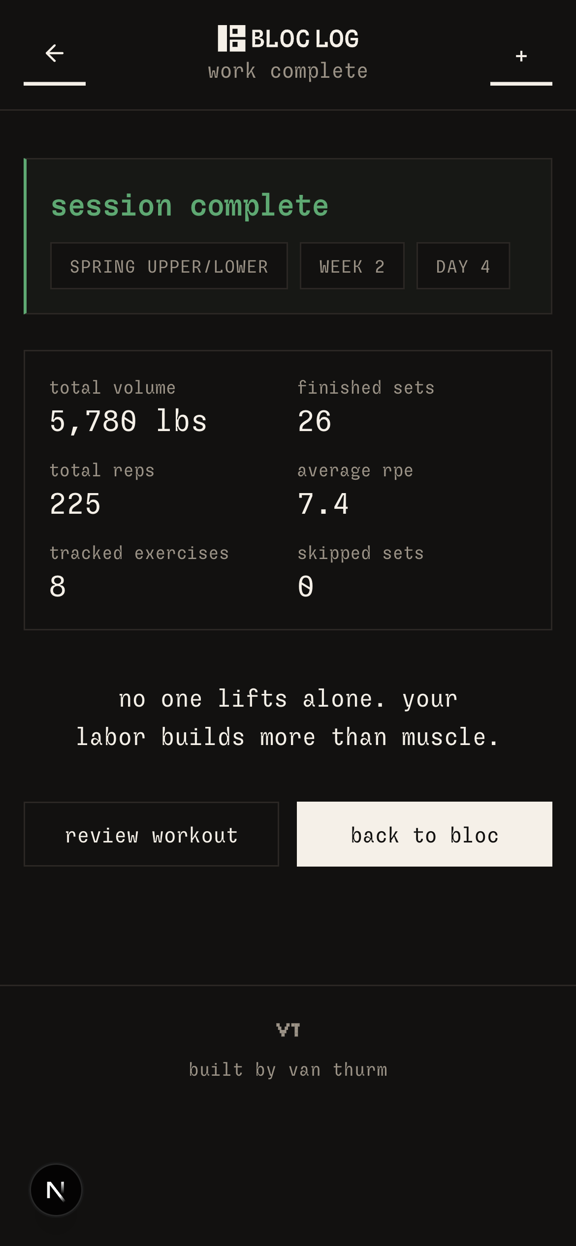 bloc log session complete summary with volume stats