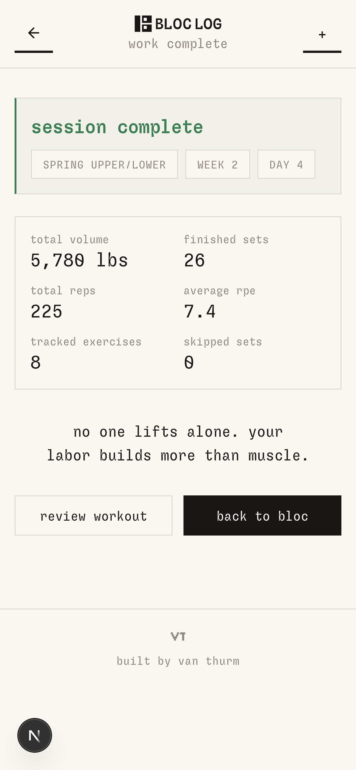 bloc log session complete summary with volume stats
