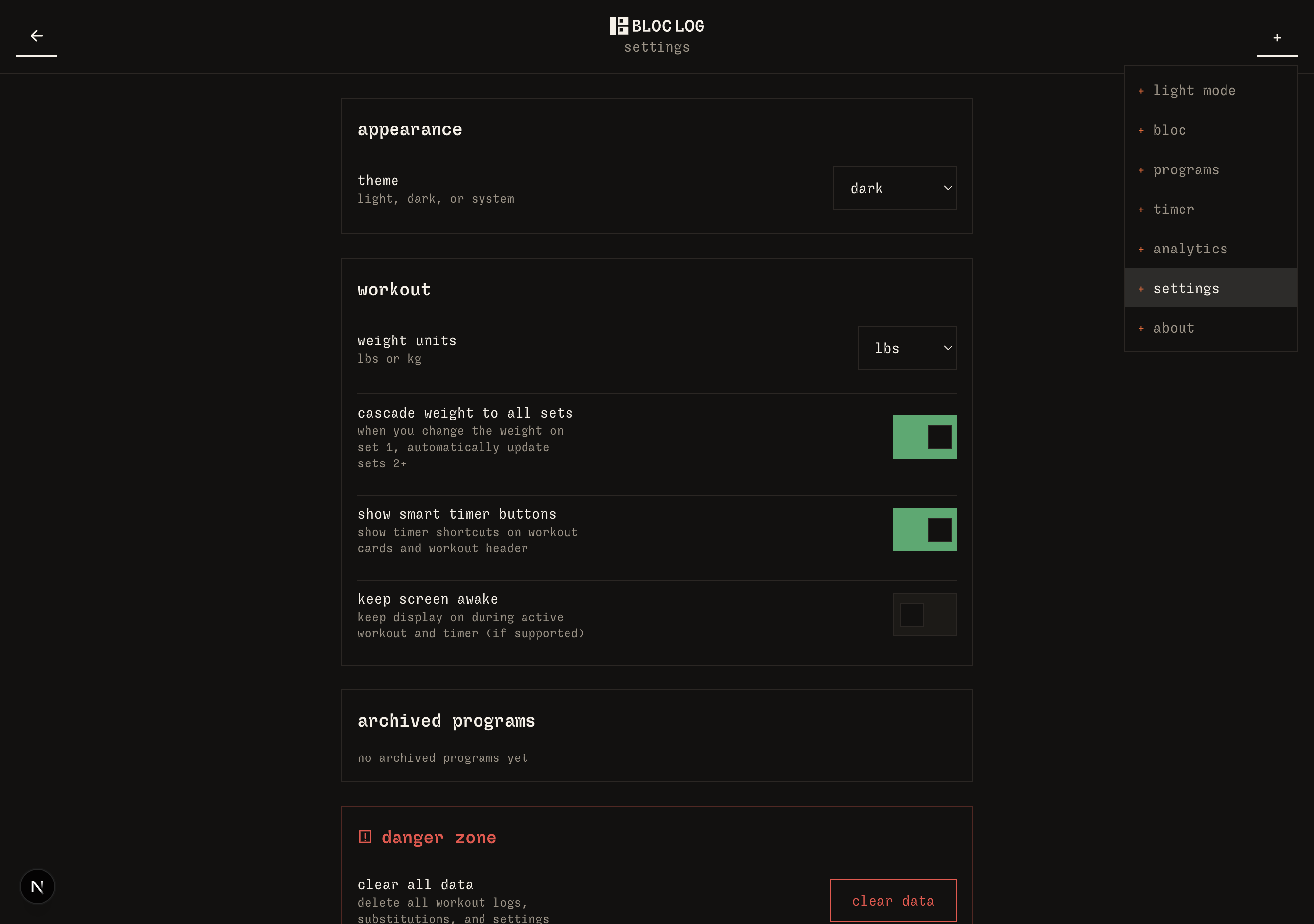 bloc log settings menu