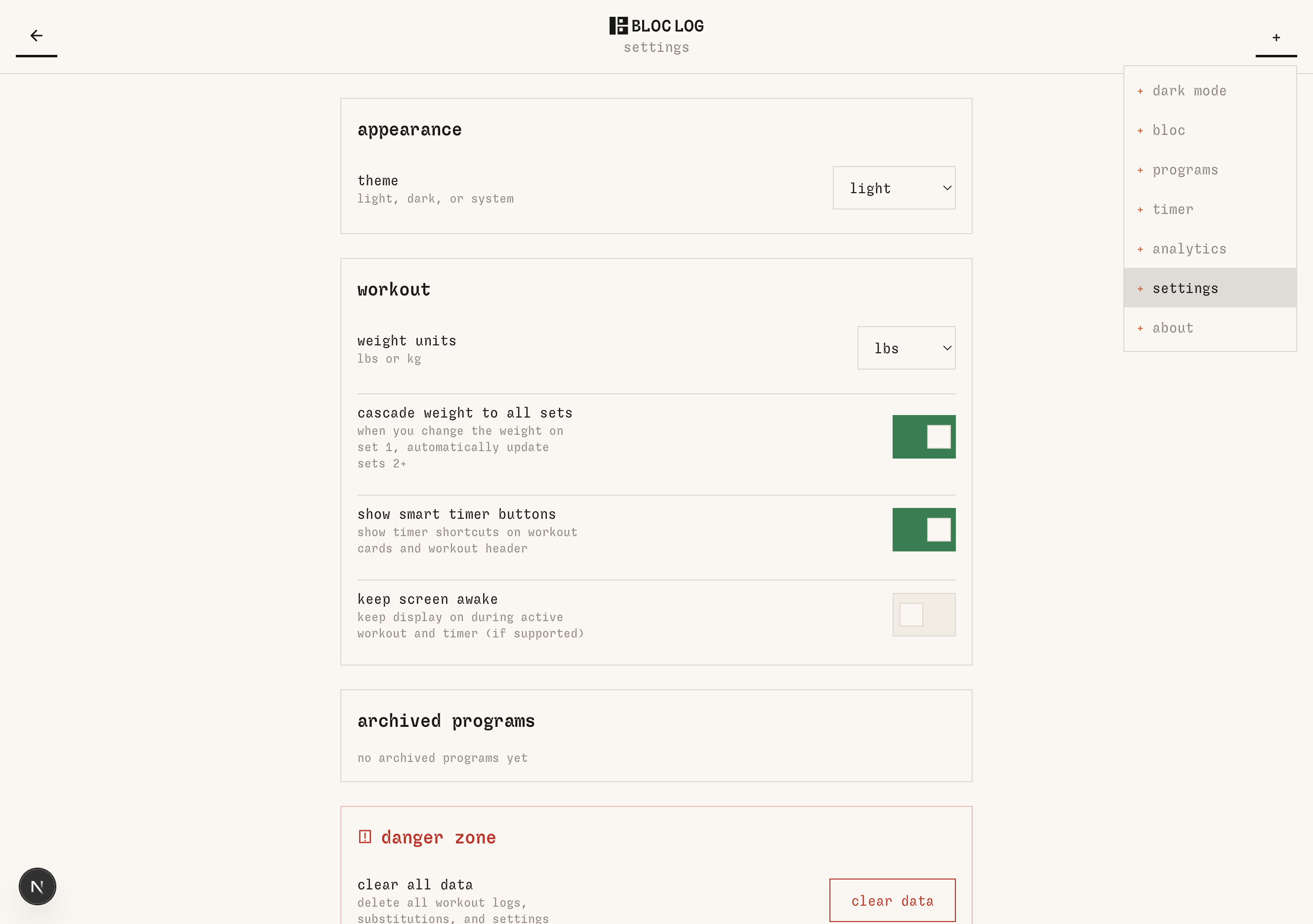 bloc log settings menu