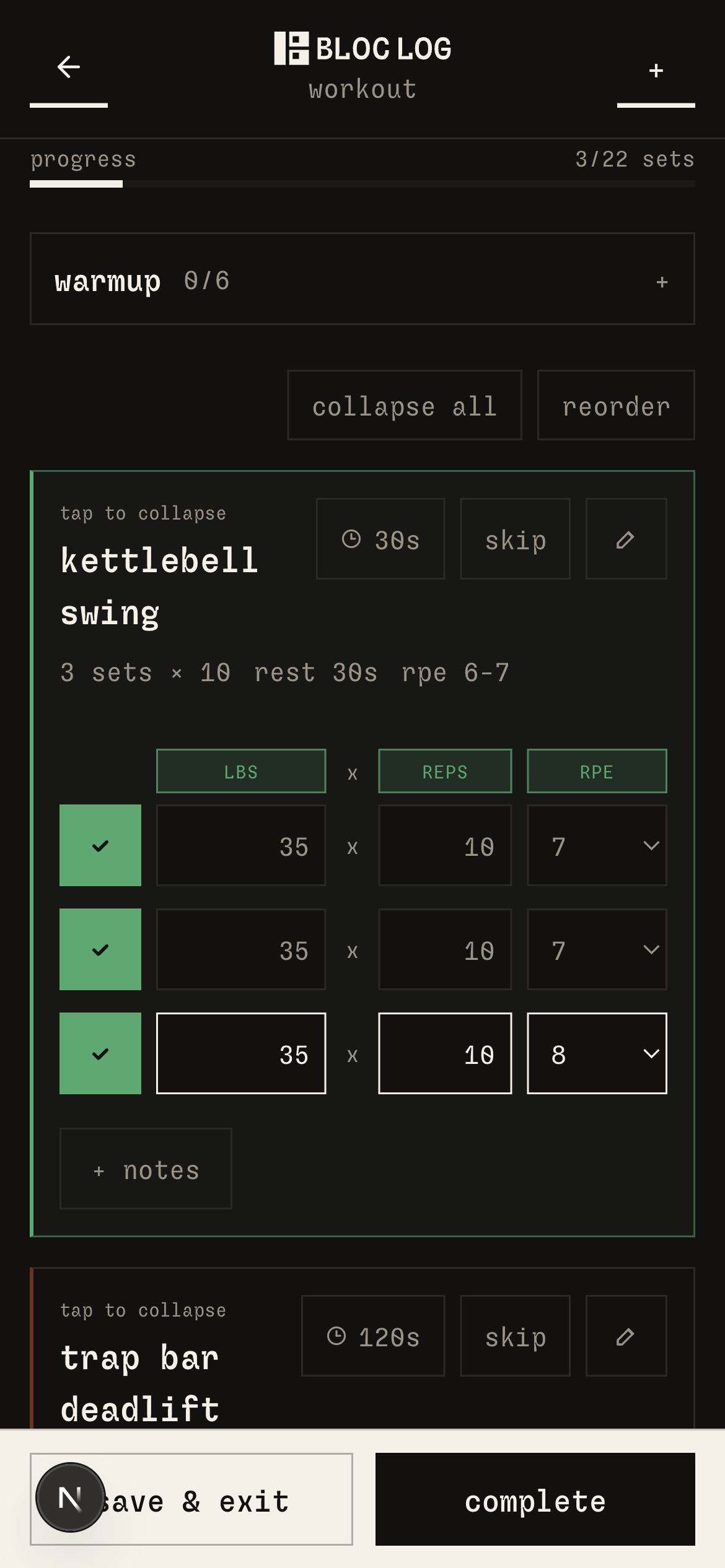 bloc log workout logging with sets, reps, and RPE tracking