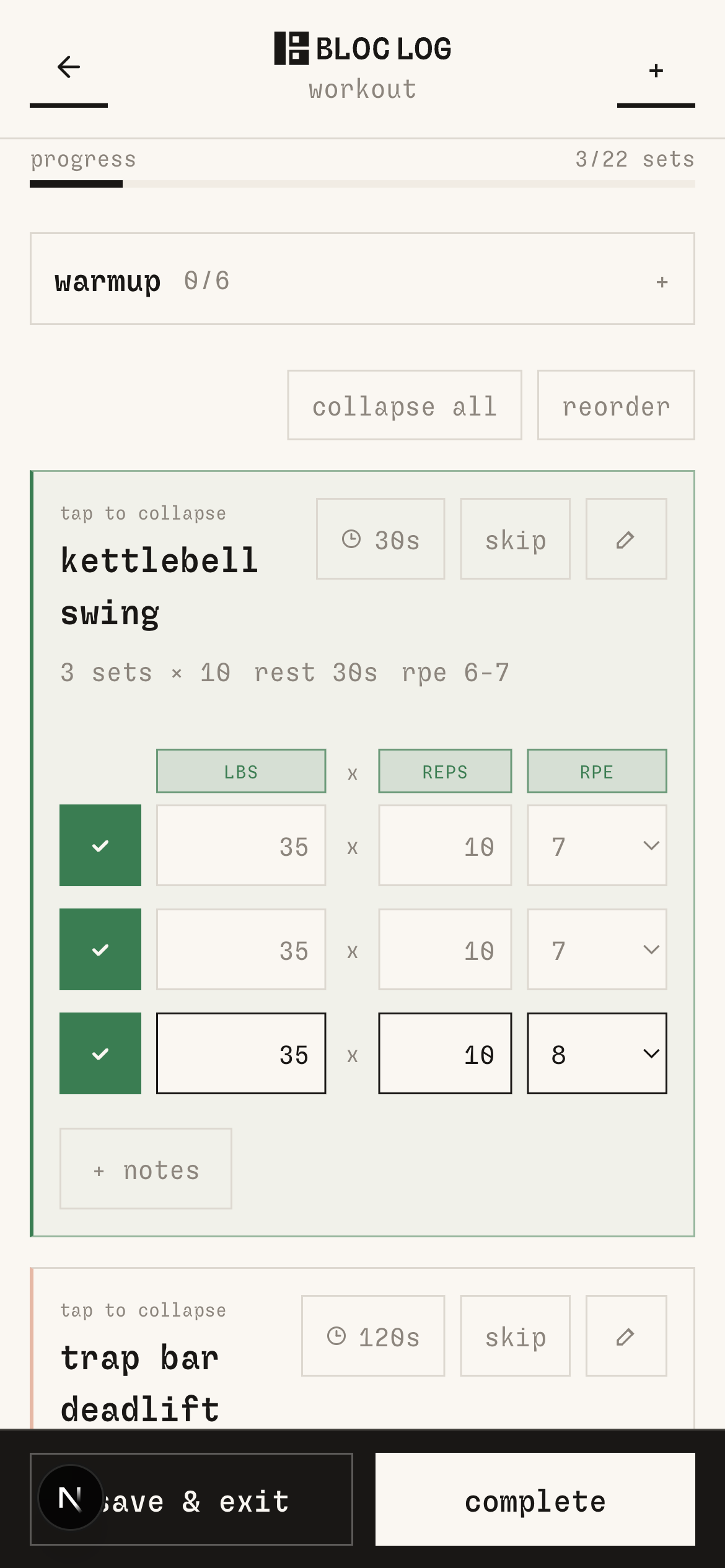 bloc log workout logging with sets, reps, and RPE tracking